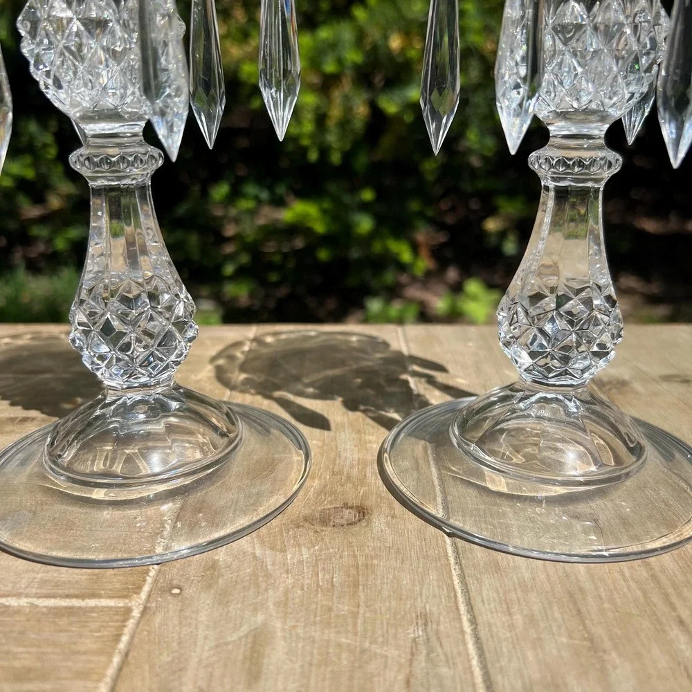 Pair of Glass Candle Holders w/ Hanging Crystals
